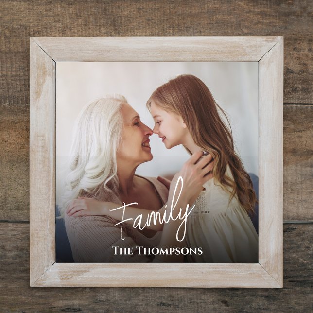 Simple Stylish Calligraphy Script Photo Overlay Print (Simple minimalist photo print with white "family" lettering.)