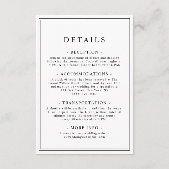 Simple Stylish Classic Typography Wedding Details Enclosure Card (Front)