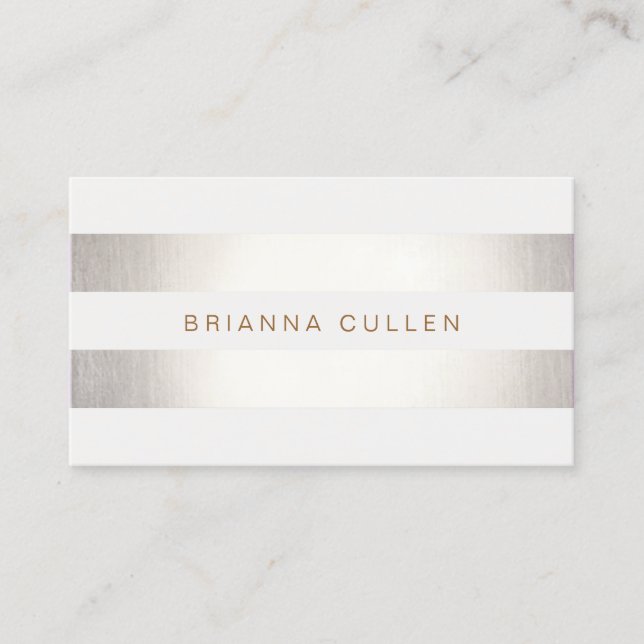 Simple Stylish FAUX Silver and White Striped Business Card (Front)