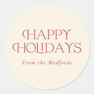 Simple Stylish Happy Holidays Red Ivory Classic Round Sticker