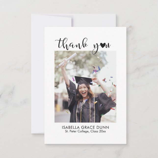 Simple Stylish Heart Calligraphy Script Graduation Thank You Card (Front)
