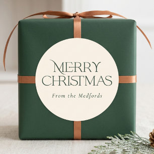 Simple Stylish Merry Christmas Green Ivory Classic Round Sticker
