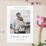 Simple Stylish Modern Blue Script Photo Wedding Thank You Card<br><div class="desc">This simple, stylish modern photo wedding thank you flat card template features your names in a lively handwriting script beneath your photo. The default shape is a standard sharp corner style, but this design also looks great with rounded corners, so try both looks in editing mode to see which grabs...</div>