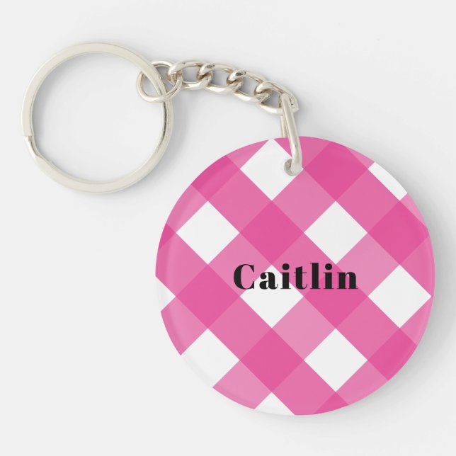 SImple Stylish Modern Pink Check Monogram Keychain (Front)