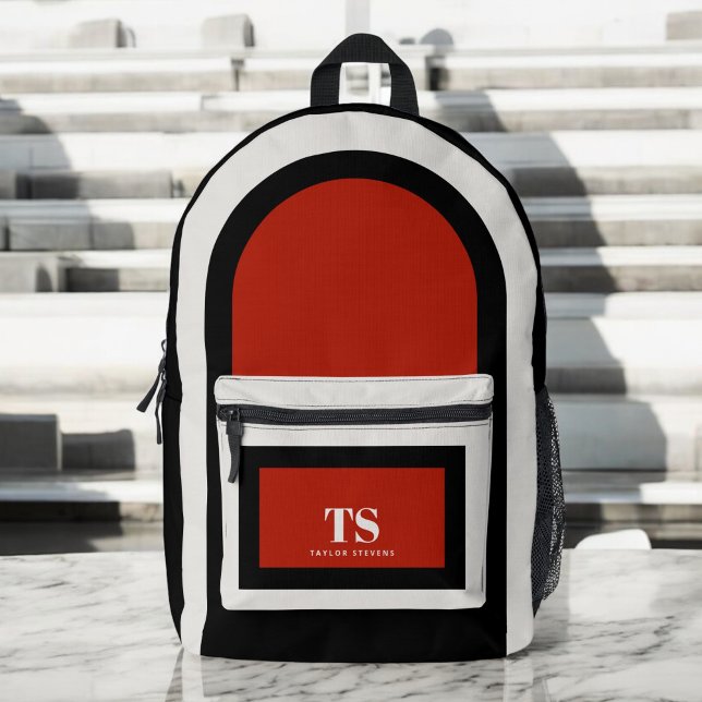 Simple Stylish Monogram Colour Block Red Black Printed Backpack (Personalize with your name and monogram initials.)