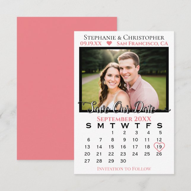 Simple Stylish Photo & Calendar Coral Wedding Save The Date (Front/Back)