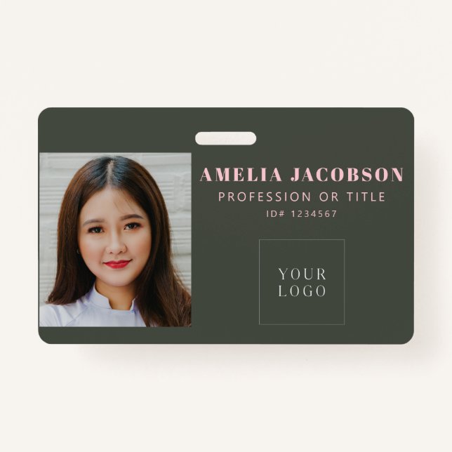 Simple Stylish Pink Green Employee Photo ID Logo Badge (Front)