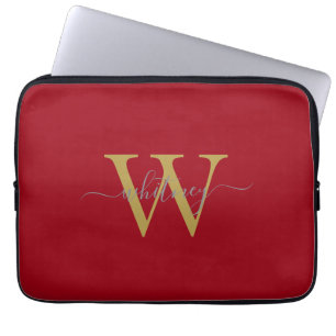 Simple Stylish Red Monogram Name & Initial Laptop Sleeve