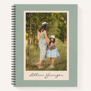 Simple Stylish Sage Green Personalized Photo Name Notebook