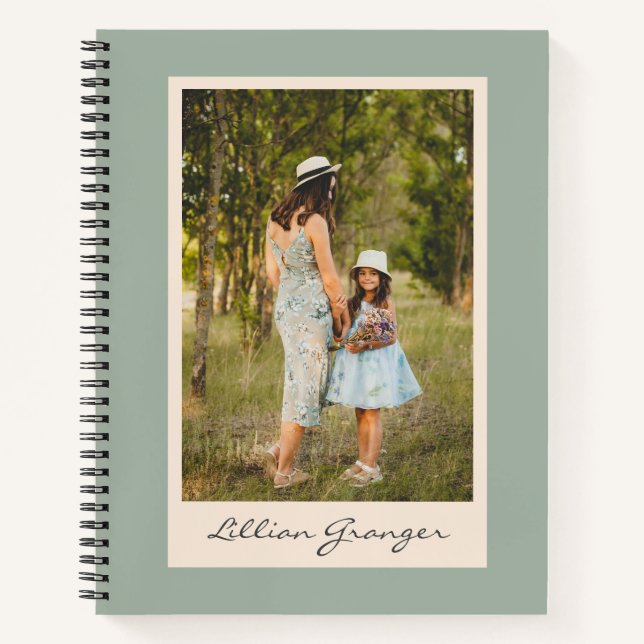 Simple Stylish Sage Green Personalized Photo Name Notebook (Front)