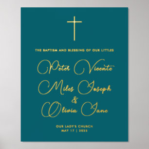 Simple Stylish Teal Religious Triplets Baptism Foil Prints