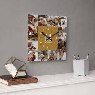 Simple Stylish Vintage Gold Family Photo Collage Square Wall Clock
