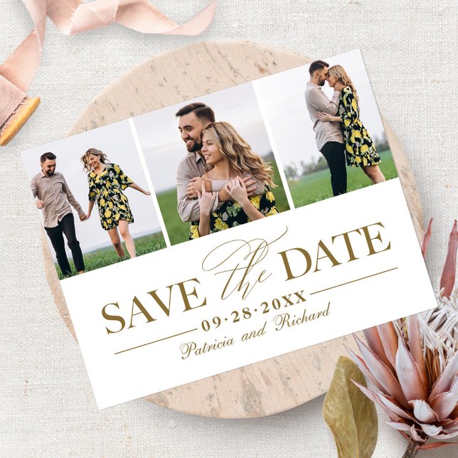 Simple Stylish Wedding Save The  Date 3 Photo Postcard (Creator Uploaded)