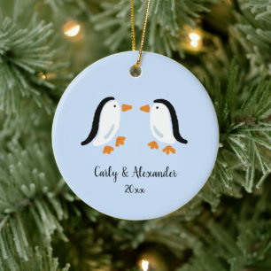Simple Stylized Penguin Couple Custom Christmas Ceramic Ornament