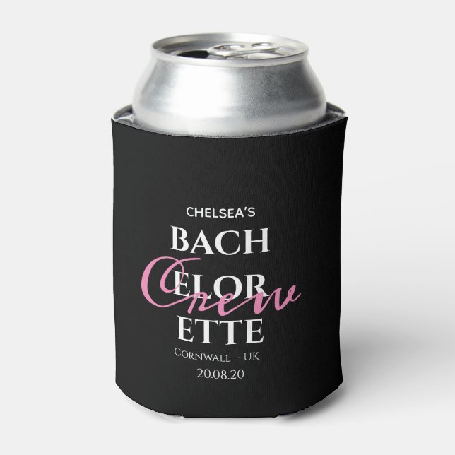 Simple Summer Black Pink Bachelorette Crew Party  Can Cooler (Can Front)