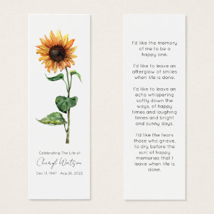 Simple Sunflower Funeral Memorial Bookmark