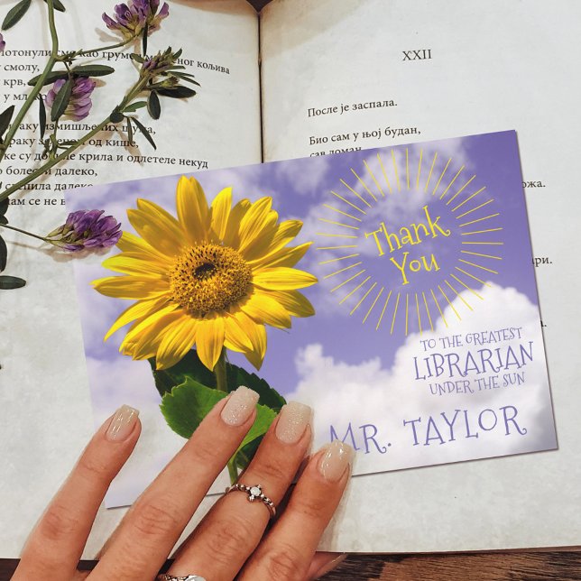 Simple Sunflower & Sunrays Thanks Rustic Librarian Thank You Card (Creator Uploaded)