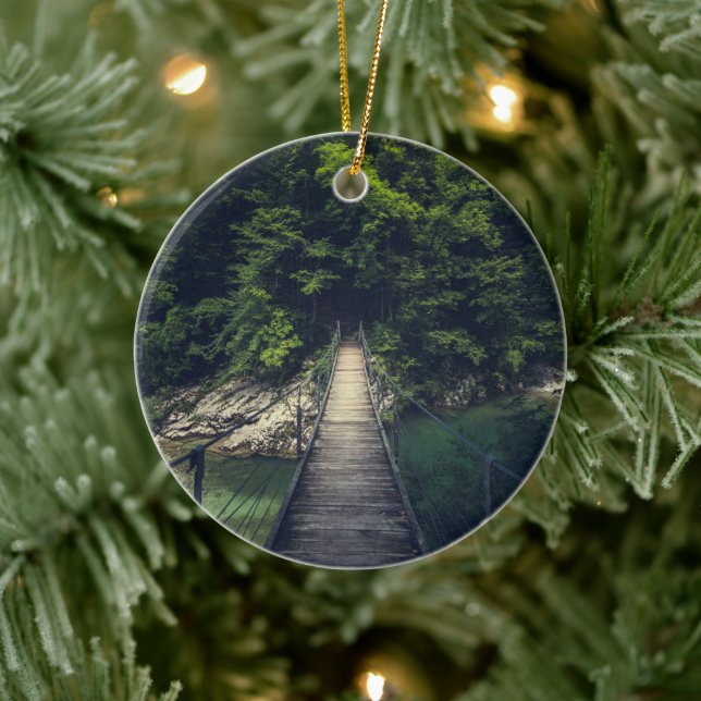 Simple suspension bridge over river Idrijca, Slove Ceramic Ornament (Tree)