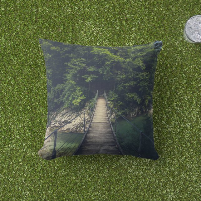Simple suspension bridge over river Idrijca, Slove Outdoor Pillow (Grass)