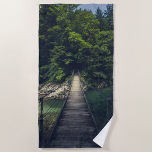Simple suspension bridge river Idrijca, Slovenia Beach Towel