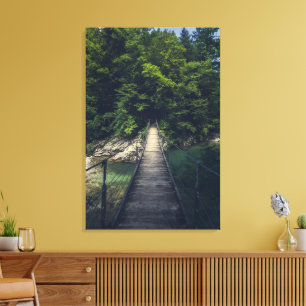 Simple suspension bridge river Idrijca, Slovenia Canvas Print