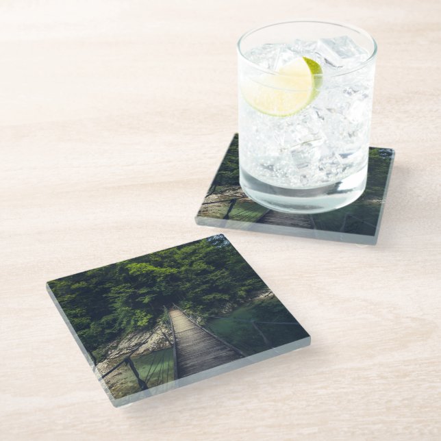 Simple suspension bridge river Idrijca, Slovenia Glass Coaster (Angled)