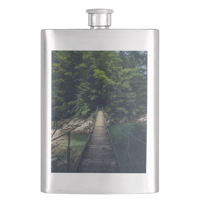 Simple suspension bridge river Idrijca, Slovenia Hip Flask (Front)