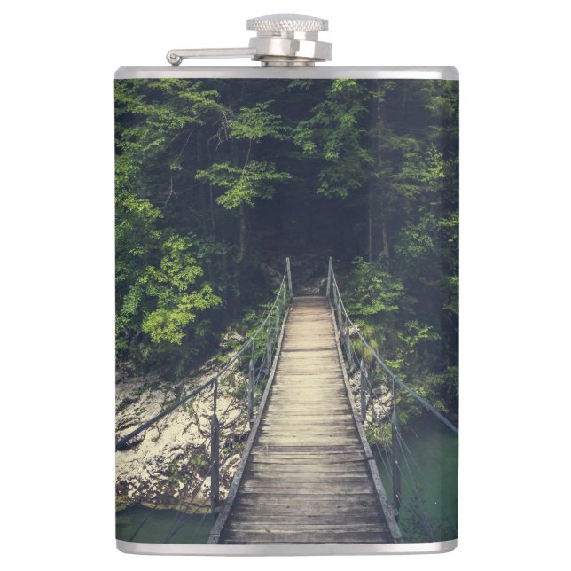 Simple suspension bridge river Idrijca, Slovenia Hip Flask (Front)