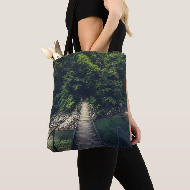Simple suspension bridge river Idrijca, Slovenia Tote Bag (Close Up)