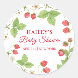 Simple Sweet Greenery Strawberry Baby Shower Classic Round Sticker
