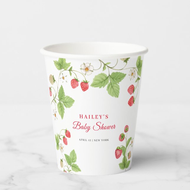 Simple Sweet Greenery Strawberry Baby Shower Paper Cups (Front)