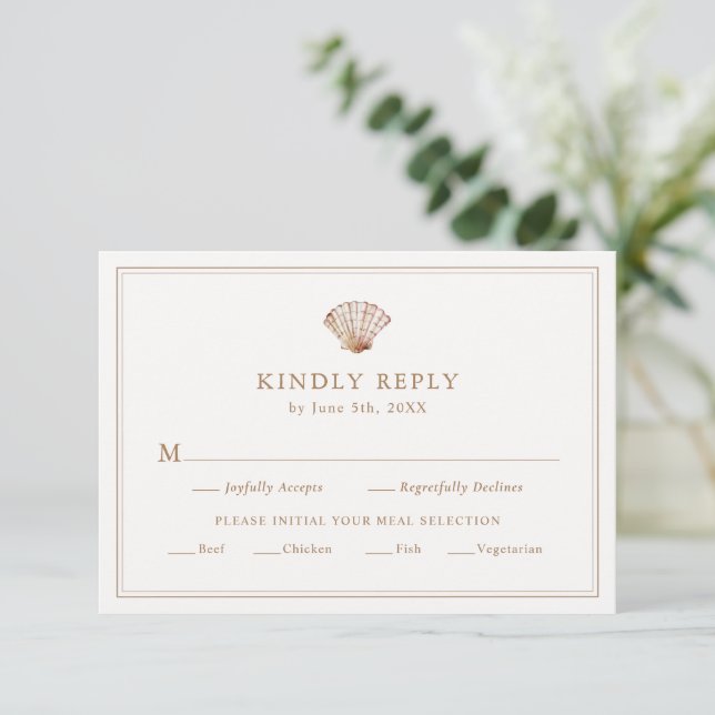 Simple Tan Seashell Beach Wedding Meal RSVP Card (Standing Front)