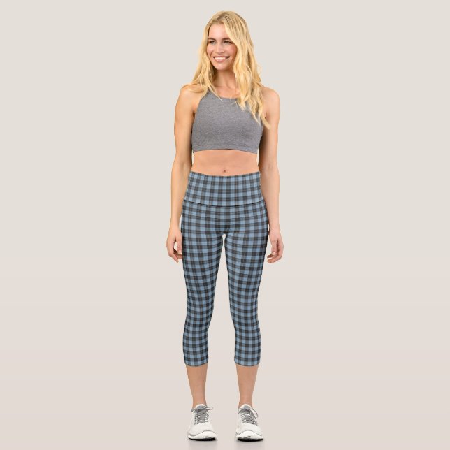 Simple tartan pattern in light blue capri leggings (Front)
