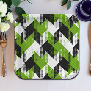 Simple Tartan Plaids Neon Green  Paper Plate