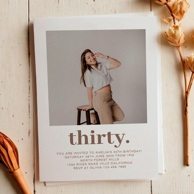 Simple Taupe Brown Minimal Photo 30th Birthday  Invitation (Creator Uploaded)