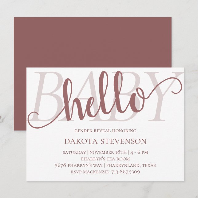 Simple Taupe Hello Baby | Desert Rose Mauve Script Invitation (Front/Back)