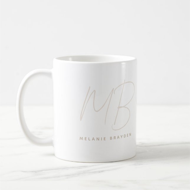 Simple Taupe Minimalist Two Monogram Name Coffee Mug (Left)