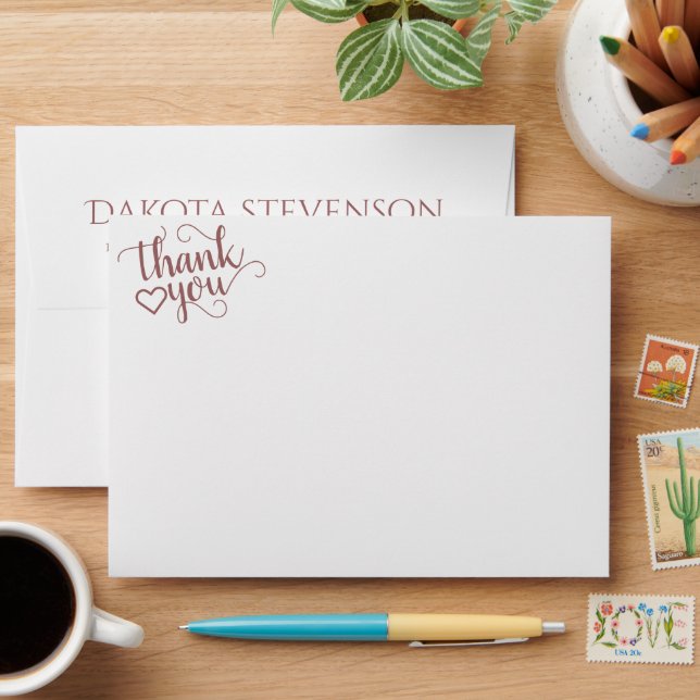 Simple Taupe Script | Desert Rose Script Thank You Envelope (Desk)