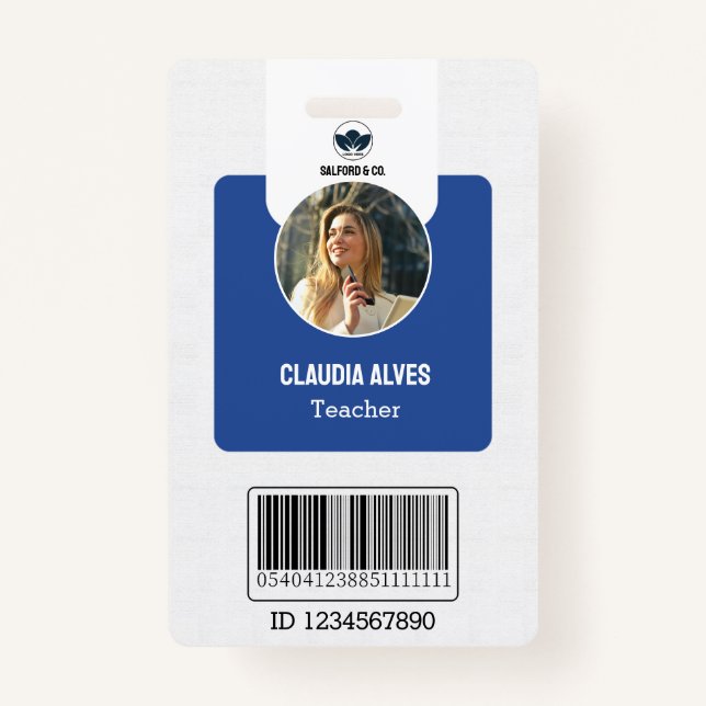 Simple Teacher ID Card | Blue Collage School ID  Badge (Front)