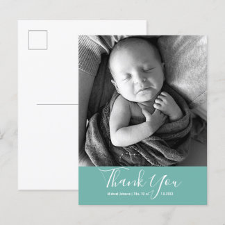Simple Teal Baby Photo Thank You Script Birth Announcement Postcard