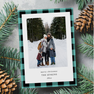 Simple Teal Black Plaid Border 2 Photos Christmas Holiday Card