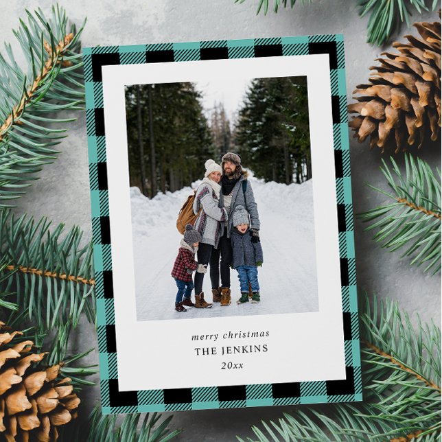 Simple Teal Black Plaid Border 2 Photos Christmas Holiday Card (Creator Uploaded)