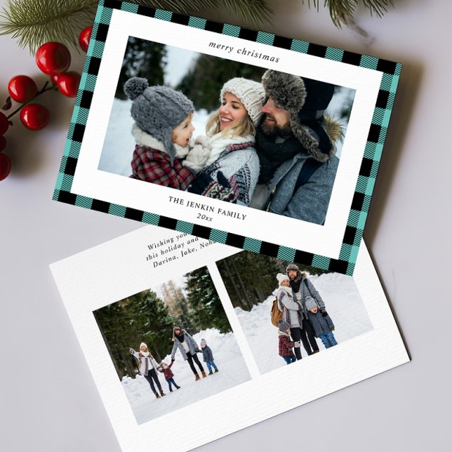 Simple Teal Black Plaid Border 3 Photo Christmas Holiday Card (Creator Uploaded)