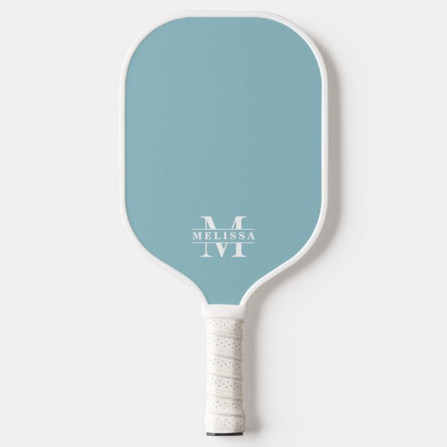Simple Teal Blue Elegant Monogram Pickleball Paddle (Front)