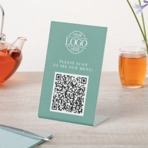 Simple Teal Custom Business Logo QR Code Menu  Pedestal Sign
