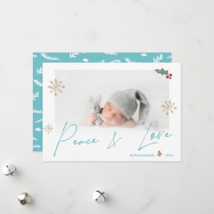 Simple teal gold peace love photo snowflake holiday card