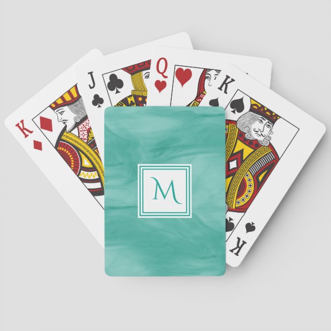 Simple Teal Green Subtle Marble Modern Monogram Playing Cards (Back)