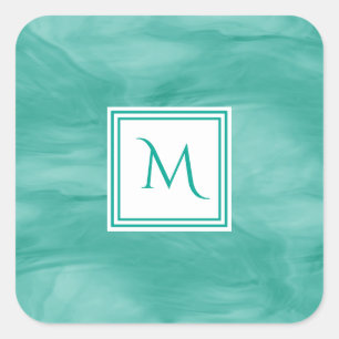 Simple Teal Green Subtle Marble Modern Monogram Square Sticker