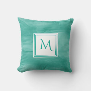 Simple Teal Green Subtle Marble Modern Monogram Throw Pillow