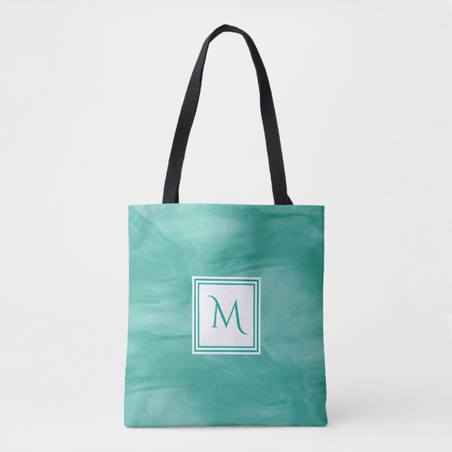 Simple Teal Green Subtle Marble Modern Monogram Tote Bag (Front)